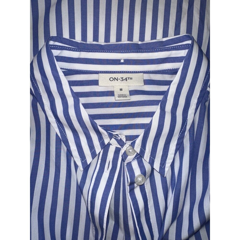 Blue & White Striped Button-Up Shirt Womens Medium By ON-34TH Long Sleeve Cotton - Picture 6 of 7